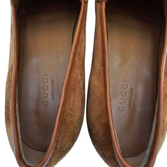 Gucci Jordaan Horsebit Flat Slip On Loafer Brown Suede Gold Size 37.5 US 7.5 - Picture 7 of 10